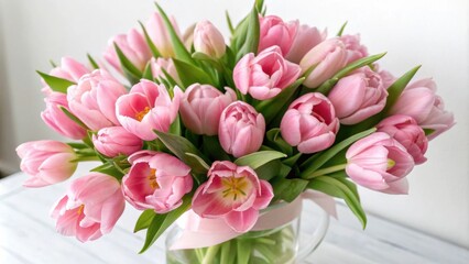 A bouquet of pink tulips in a clear glass vase, delicate petals unfurling against a soft white backdrop.