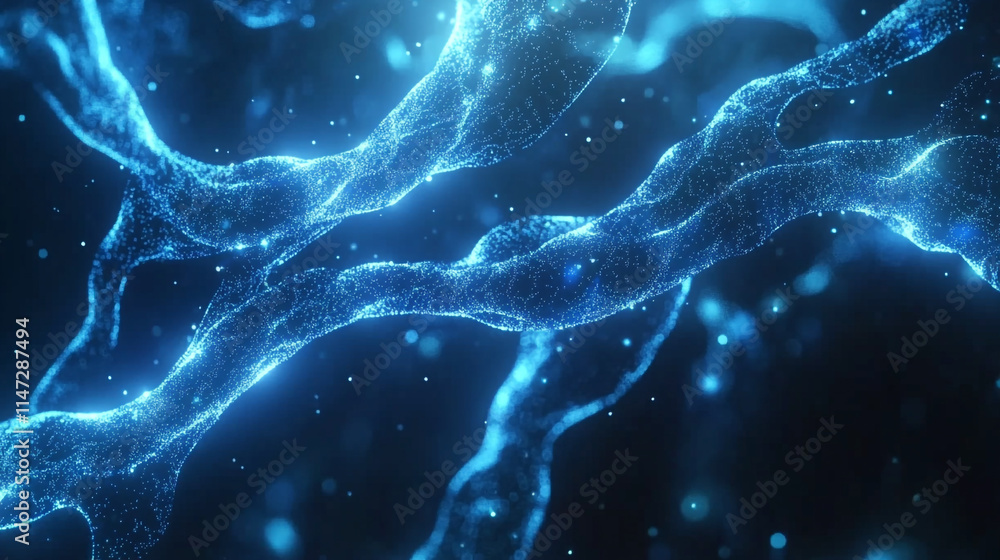 Poster digital representation of interconnected blue particles in a dark background.
