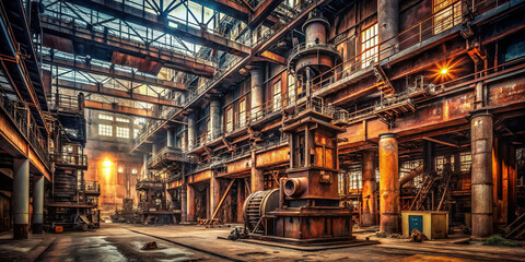 Fototapeta premium abandoned rust colored factory warehouse filled with towering stacks and industrial machinery, showcasing blend of decay and beauty in vast, open space