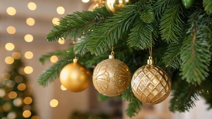 Fototapeta premium Golden Christmas Ornaments on a Festive Christmas Tree with Soft Bokeh Lights in the Background