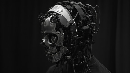 Futuristic skull-shaped helmet with mechanical elements and a dark, reflective surface