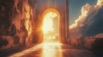 A surreal image of an open door leading directly into the bright sky, with sunlight streaming through, symbolizing a gateway to infinite possibilities