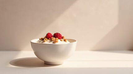 A delightful bowl of creamy yogurt, topped with crunchy granola and vibrant raspberries, bathed in soft sunlight.
