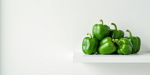 A vibrant pile of fresh green bell peppers rests on a minimalist white shelf against a clean white backdrop