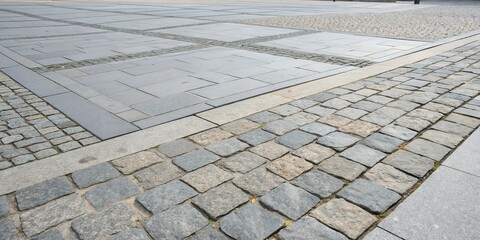 A Detailed View of a Cobblestone Street and a Large, Grey Paved Area Separated by a Thin Line of Grey Concrete