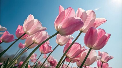Pink tulips reach up towards the sun, their petals open wide in a field of vibrant color