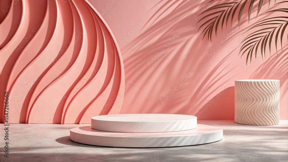 Aufkleber a minimalist product display with a circular platform and a curved pink wall in the background