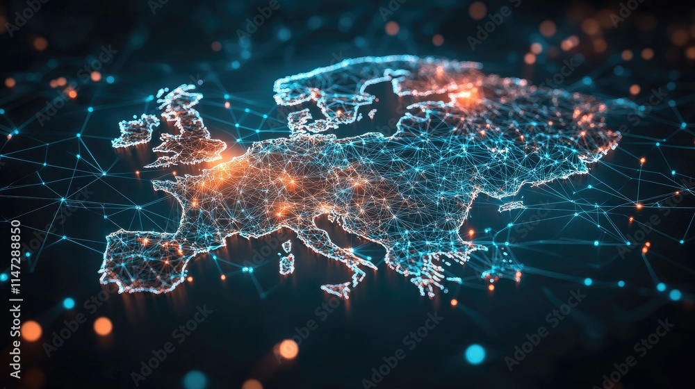 Poster Abstract 3D wireframe map of Germany with interconnected digital nodes, representing the concept of internet and global digital connections