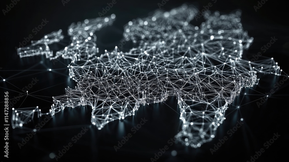 Aufkleber Abstract 3D wireframe map of Germany with interconnected digital nodes, representing the concept of internet and global digital connections