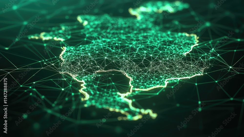 Poster Abstract 3D wireframe map of Germany with interconnected digital nodes, representing the concept of internet and global digital connections