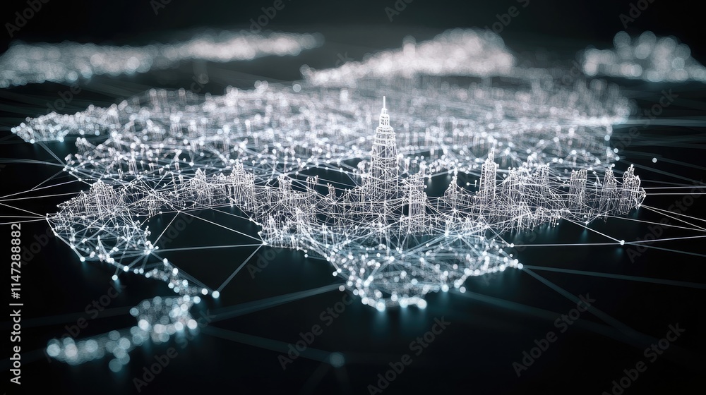Poster Abstract 3D wireframe map of Germany with interconnected digital nodes, representing the concept of internet and global digital connections