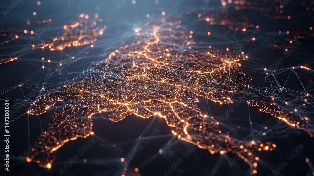 Aufkleber Abstract concept of Germany map in wireframe, with glowing digital lines connecting cities and networks, representing global communication and technology
