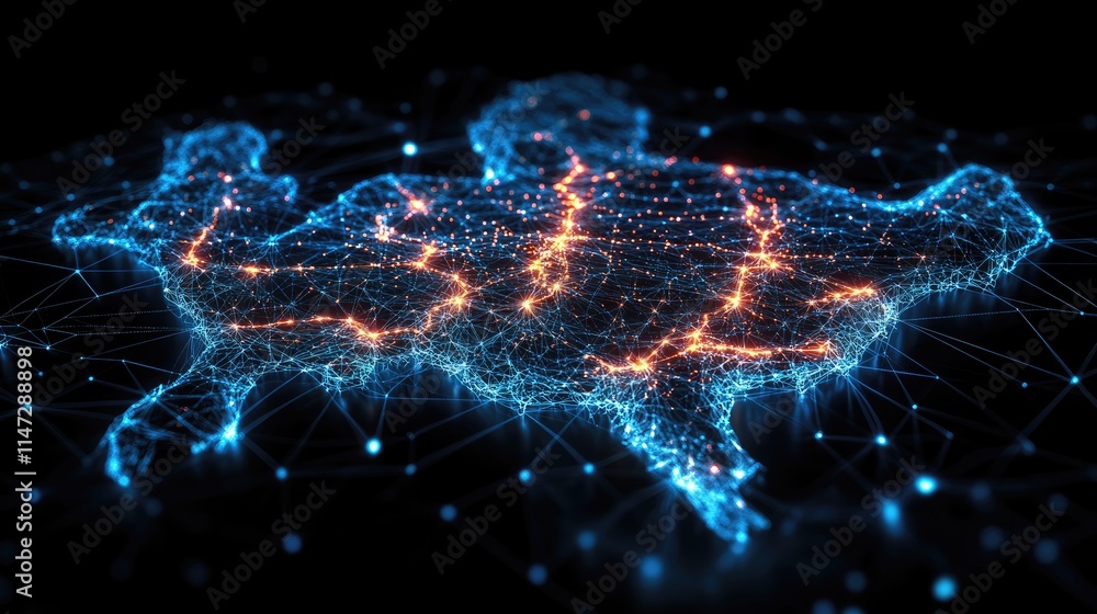 Poster Abstract concept of Germany map in wireframe, with glowing digital lines connecting cities and networks, representing global communication and technology