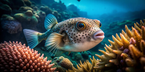 Obraz premium vibrant pufferfish swimming gracefully among colorful coral reefs, showcasing its unique features and playful expression in stunning underwater environment