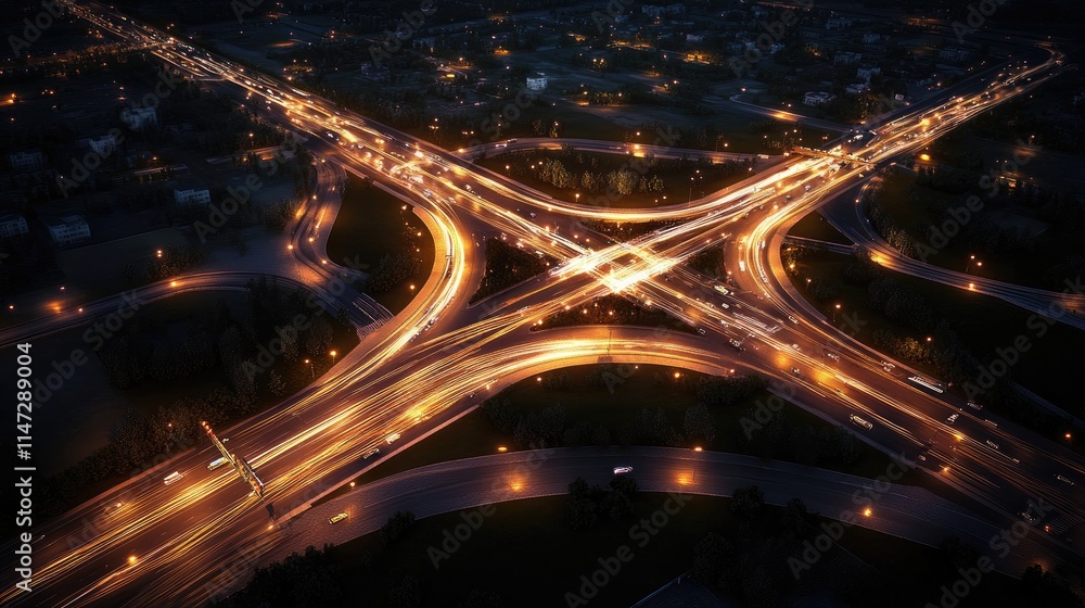 Aufkleber Aerial view of a complex highway intersection illuminated at night, with light trails from moving vehicles creating a vibrant network of roads and lanes