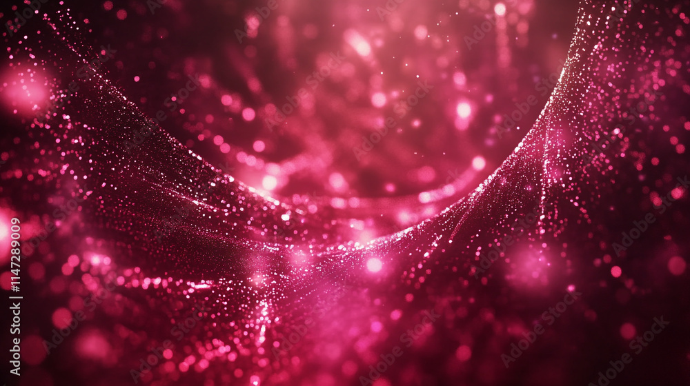 Poster vibrant abstract pattern of glowing particles in a red background.