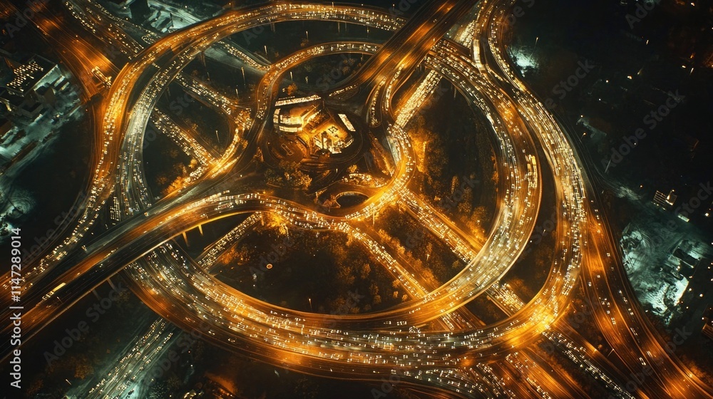 Poster aerial view of a complex highway intersection illuminated at night, with light trails from moving ve