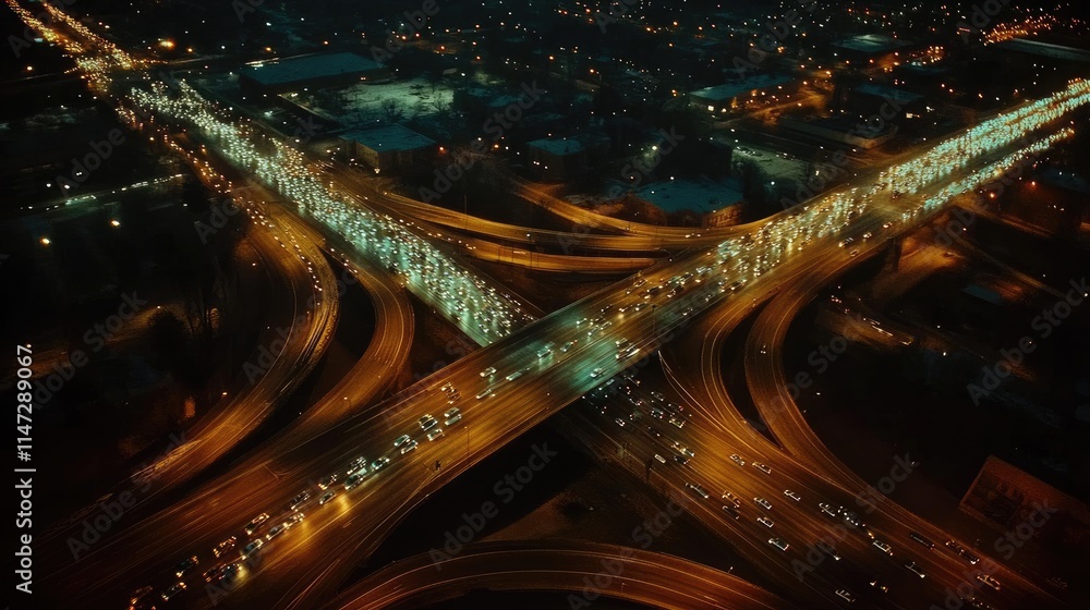 Aufkleber an aerial view of a complex highway intersection at night, with streaks of car lights, urban lights 