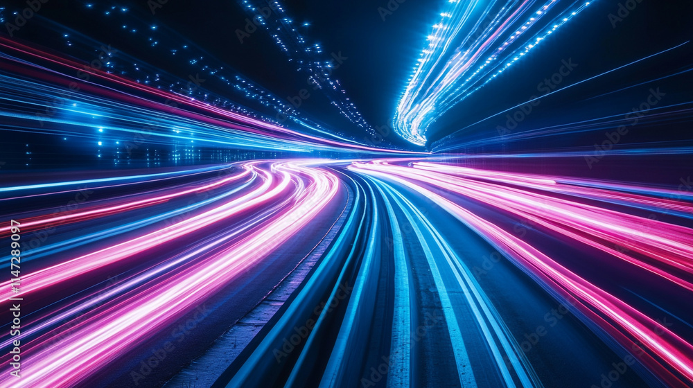 Poster colorful light trls create dynamic motion through a dark urban tunnel.