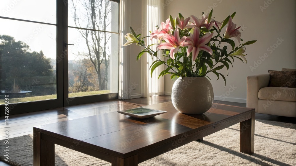 Poster sunlight streams through a window, illuminating a vase of pink lilies on a wooden coffee table, crea