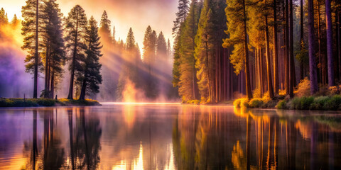 serene misty landscape featuring tranquil river surrounded by tall trees, with sunlight filtering through forest, creating magical atmosphere