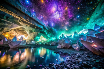 stunning crystalline cave floor with shimmering reflections, vibrant colors, and sparkling crystals. ethereal atmosphere creates magical and enchanting scene