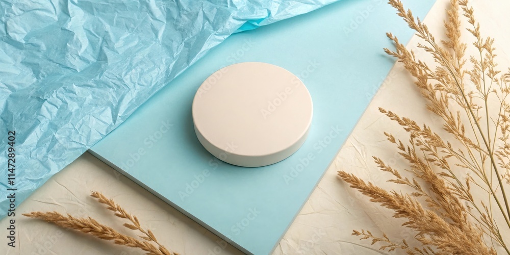 Aufkleber a minimal composition featuring a round platform against a backdrop of soft blue and natural beige, 