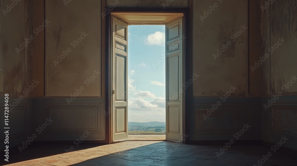 Poster an open door standing in a peaceful, empty room, framing a breathtaking view of the sky and clouds, 