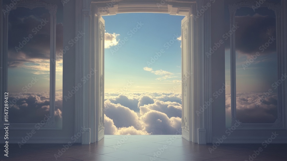 Poster An open door standing in a peaceful, empty room, framing a breathtaking view of the sky and clouds, offering a sense of limitless freedom and openness