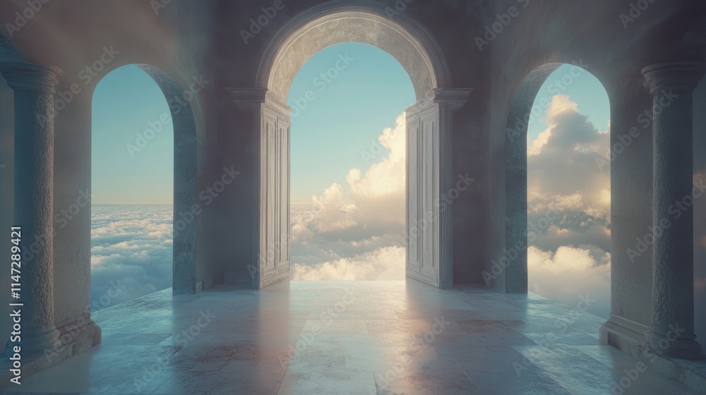 Poster an open door standing in a peaceful, empty room, framing a breathtaking view of the sky and clouds, 