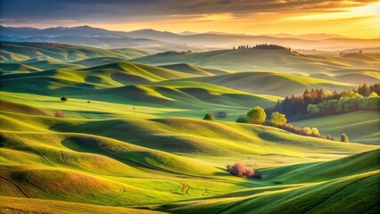 Obraz premium Rolling hills bathed in soft sunset light, Sunset, Rolling hills, Soft light, Landscape, Nature, Scenic, Tranquil
