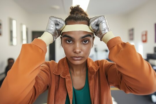 Determined young woman adjusting protective headband while wearing boxing gloves, preparing for training or competition in gym