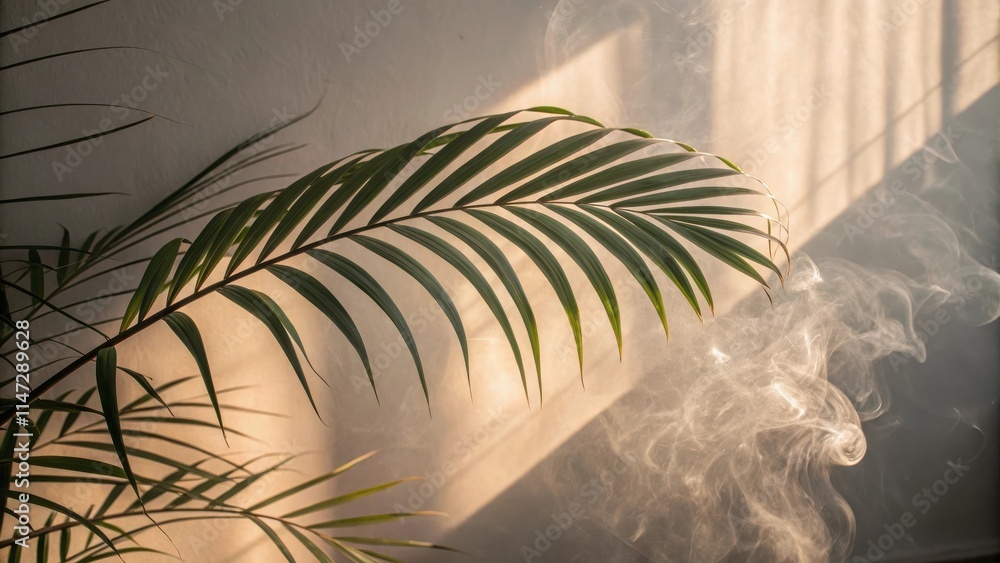 Poster A single palm frond casts a shadow on a light background with wispy smoke rising against it.  The light shines through the frond and the smoke creating a soft, ethereal scene.