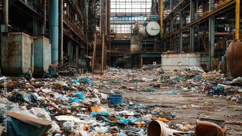 Poster industrial debris and hazardous waste in a factory, highlighting the environmental consequences of u