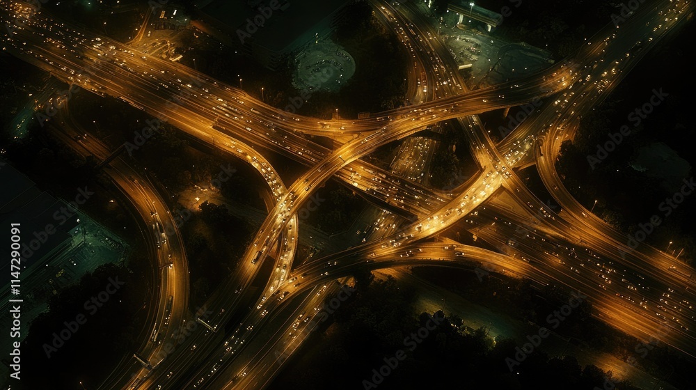 Aufkleber nighttime aerial shot of a multi-level highway intersection, with cars in motion creating light stre