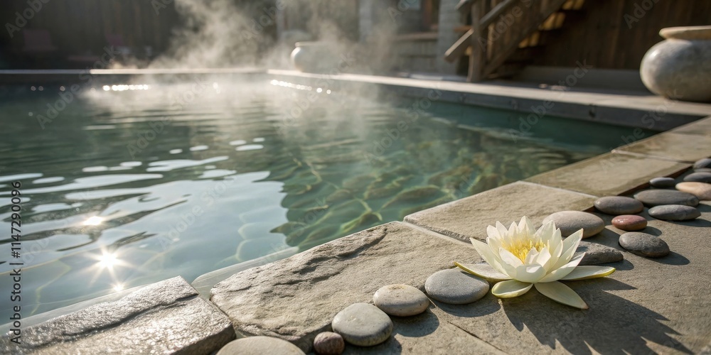 Poster a serene water feature with a white flower and smooth stones on the edge, capturing the tranquility 