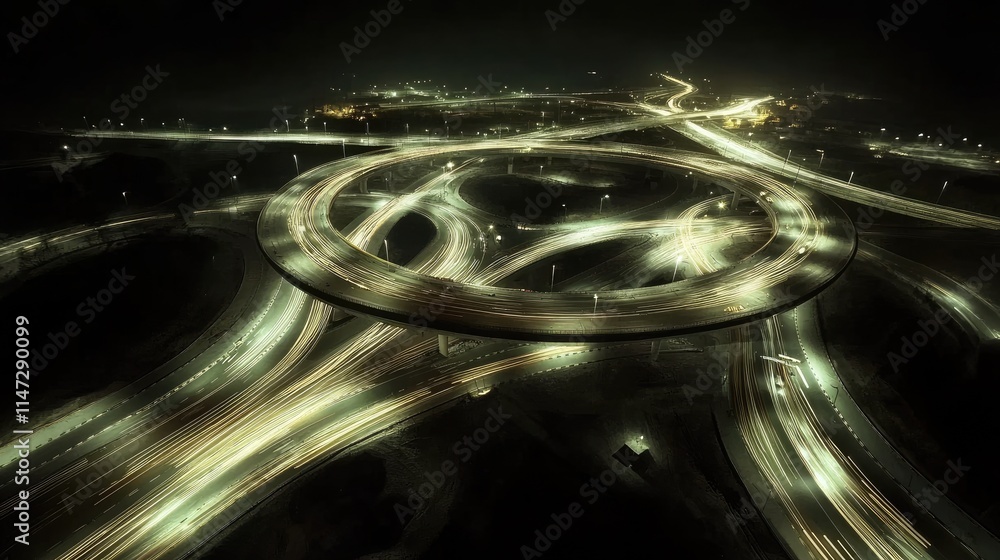 Poster nighttime aerial shot of a multi-level highway intersection, with cars in motion creating light stre