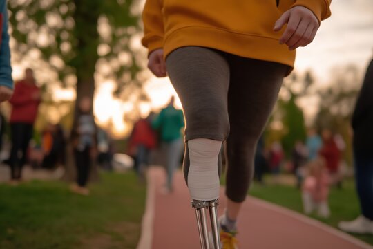 Close up of prosthetic leg of determined athlete running on track during marathon, demonstrating resilience and strength