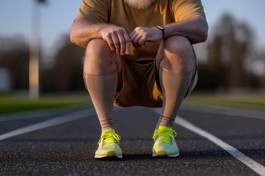 Senior man resting after exercising on a running track, wearing running shoes and compression socks