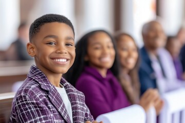 Portrait of a cheerful african american boy sitting in a church pew with his family during a religious service