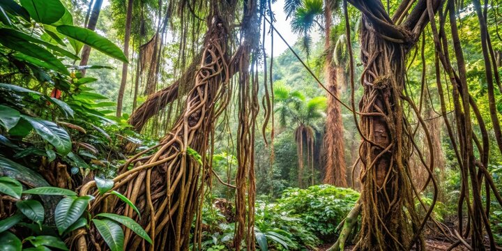 Messy dried jungle vines in a tropical rainforest , liana, plant, vines, wild, tropical, forest, jungle, growth, tangled - Powered by Adobe