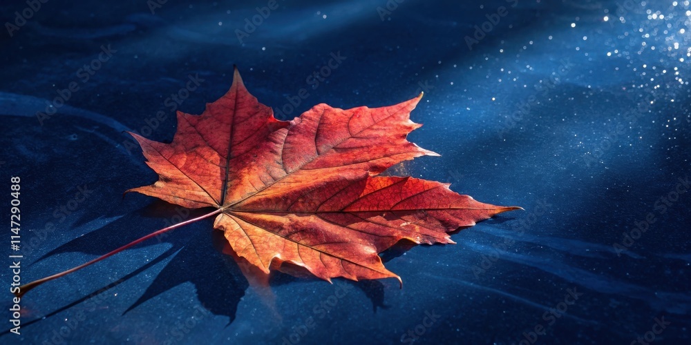 Poster a single, vibrant red autumn leaf rests on a dark blue surface, its intricate veins and delicate for