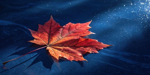 A single, vibrant red autumn leaf rests on a dark blue surface, its intricate veins and delicate form emphasized by the soft light casting a gentle glow.