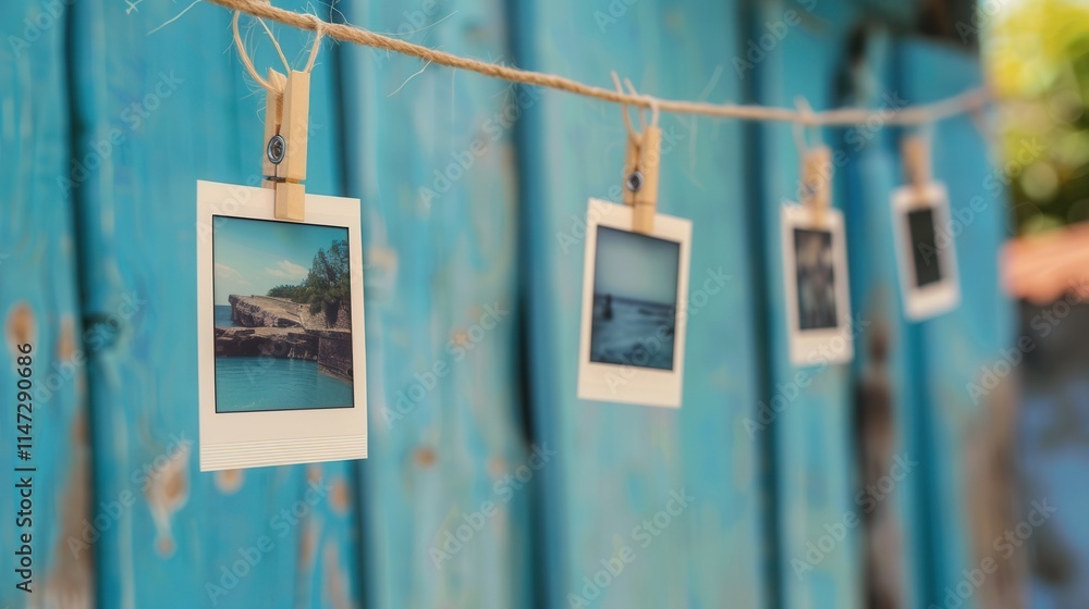 Leinwandbilder polaroid photos display on string showcasing memorable moments against a rustic blue background. gen