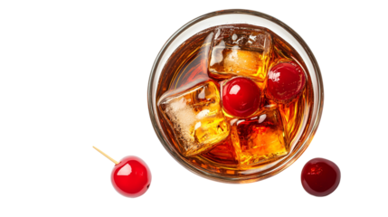 Overhead View of Whiskey Cocktail with Cherries and Ice