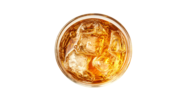 Golden Alcoholic Beverage, Ice Cubes, Glass, Top View, Refreshing Drink, Crystal Clear, Cold, Amber 
