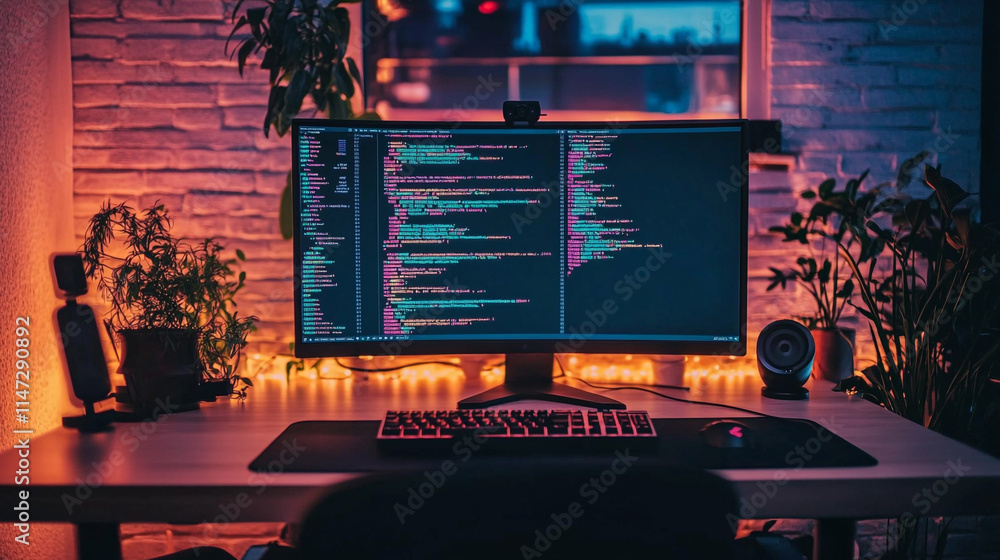 Poster code on monitor in a cozy workspace with plants and warm lighting.