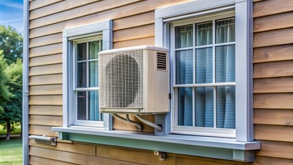 Fototapeta premium Efficient air conditioner unit mounted on a window of a house, energy efficient, cooling, climate control