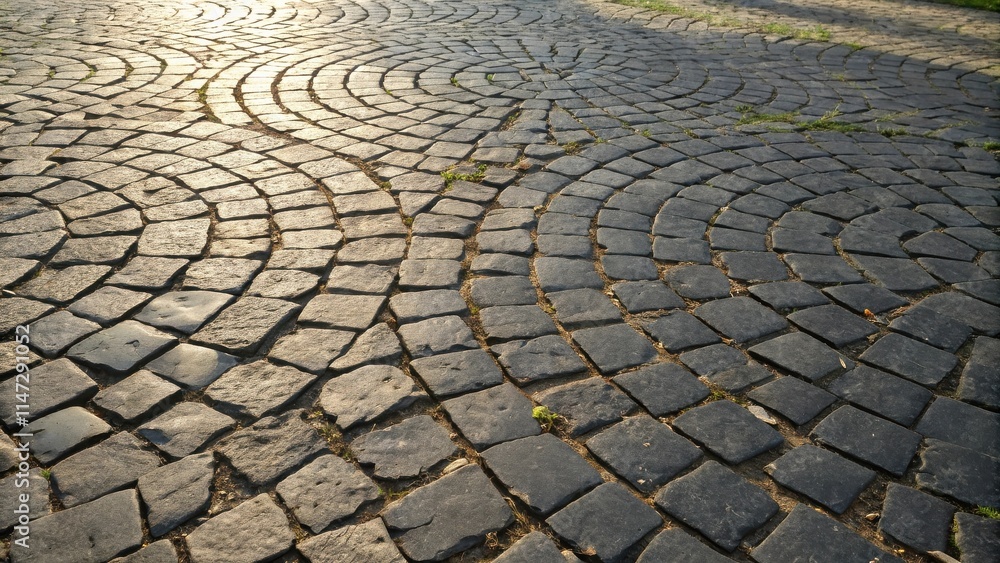 Poster a circular pattern of weathered cobblestone paving stones, with light filtering through the gaps, il