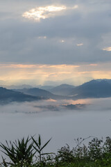 Mountain and fog in morning sunrise, Landscape of nature